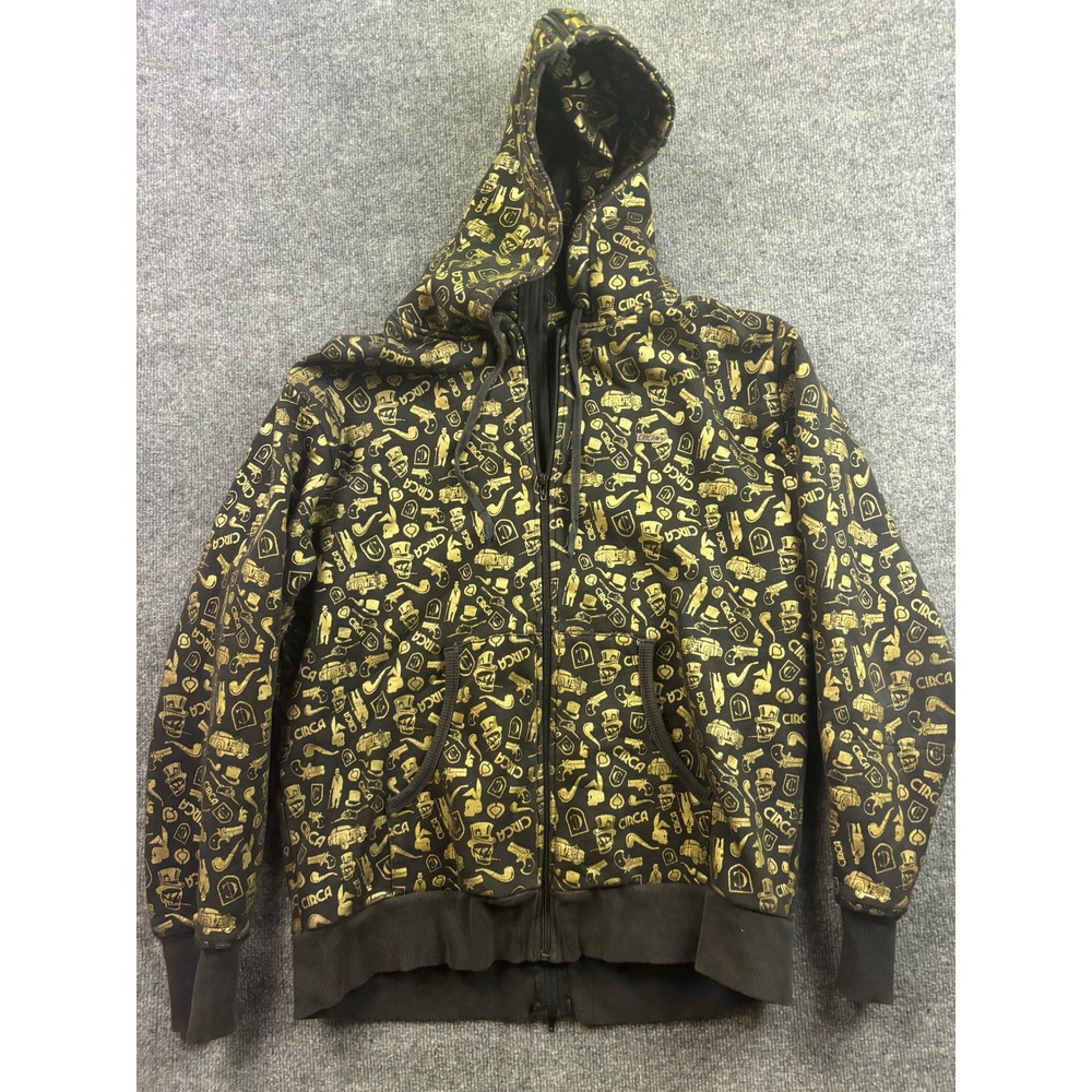 VNTG Circa Zip Up Hoodie Mens XL Black Gold All Over Print Skulls Skate
